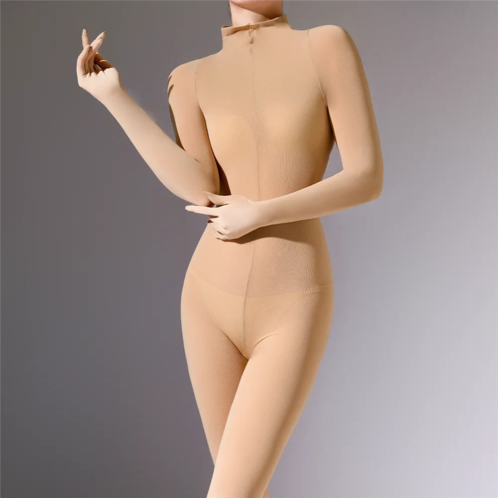 Plus Size Sexy Women 120D Five Finger Glove Sleeve Bodysuit Seamless Tight Warm High Elastic Shaping Cosplay Unisex Fit Jumpsuit