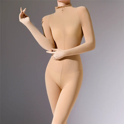 Plus Size Sexy Women 120D Five Finger Glove Sleeve Bodysuit Seamless Tight Warm High Elastic Shaping Cosplay Unisex Fit Jumpsuit