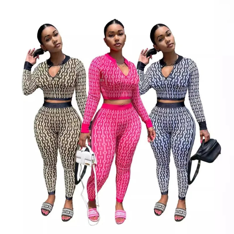 Pant Set Women Two Piece Sets V Neck Full Sleeve Sexy Tops Print Long Pants Elastic Waist Y2k Streetwear Elegant Sheath Slim Fit