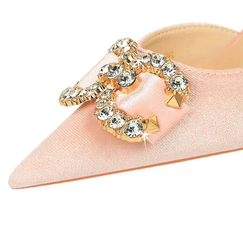 BIGTREE Party Pumps 7cm Thin High Heels Western Style Velvet Shallow Pointed Toe Side Hollow Crystal Pearl Bow Lady Shoes Pink