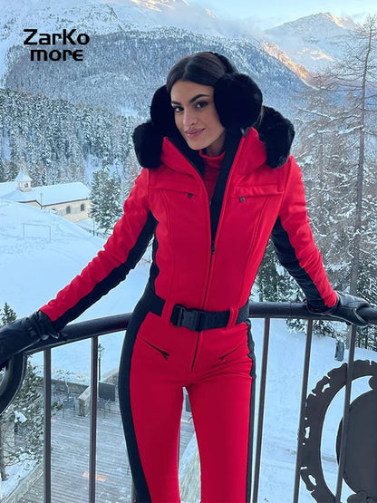 Fashion Hooded One-Piece Ski Jumpsuit Women Stand Collar Zipper High Waist Solid Windproof Outwear 2026 Winter Lady Skiwears New