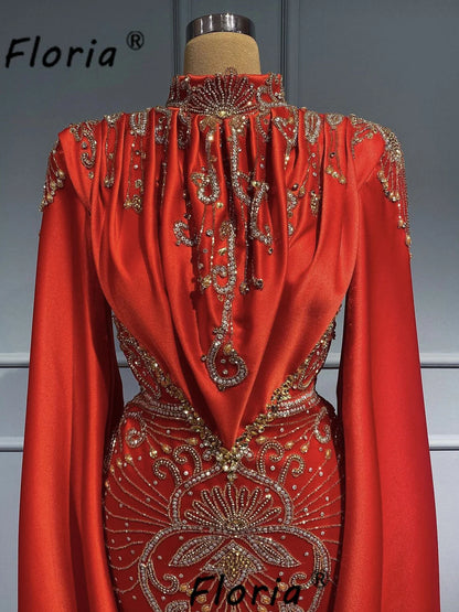 New Modest Red Satin Wedding Dress Fully Handmade Beads Crystal Formal Evening Dress Long Cape Sleeve Gala Party Gown Customized