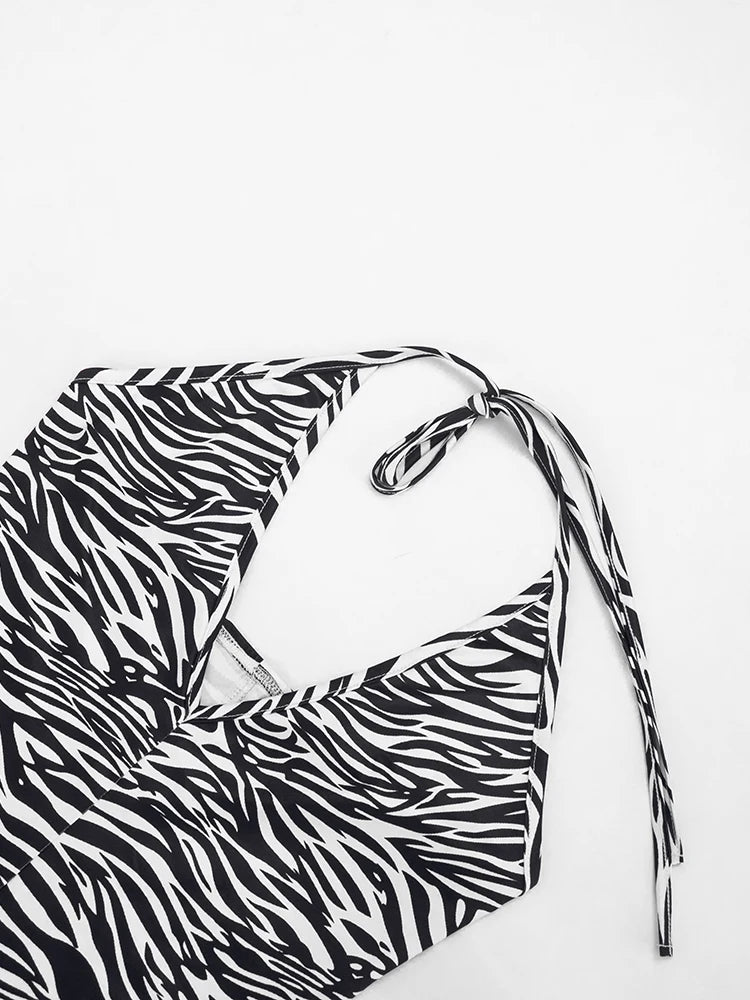Weird Puss Sexy Fashion Playsuits Woman Zebra Stripes Lace-Up Halter Backless Shape Waist Skinny Peach Hip Wild Style Rompers