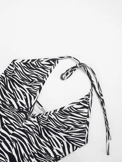 Weird Puss Sexy Fashion Playsuits Woman Zebra Stripes Lace-Up Halter Backless Shape Waist Skinny Peach Hip Wild Style Rompers
