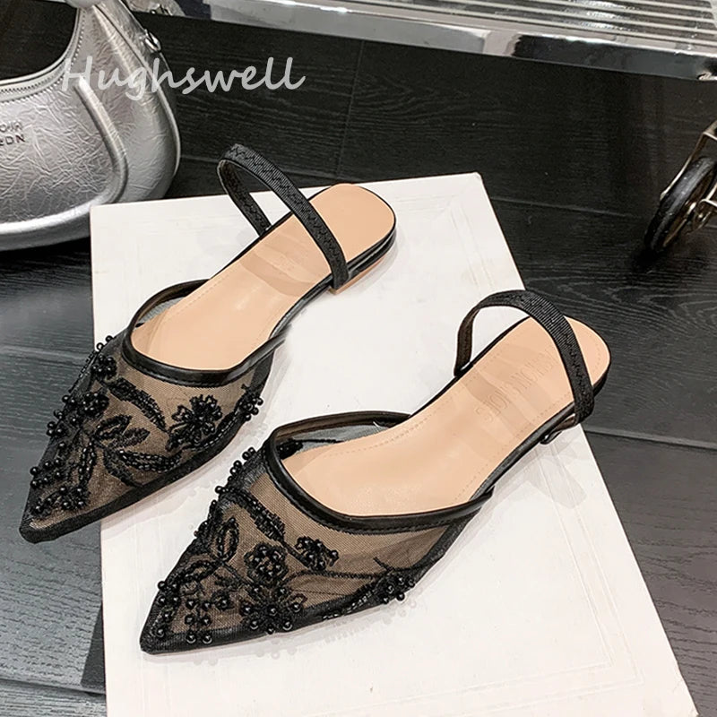 Pearl Bead Embroidery Lace Slingback Shoes Woman Luxury Floral Silk Gauze Low Heel Mules Ladies Elegant Evening Party Dress Shoe