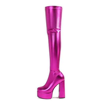 Thin Leg Thick Heels Platform Shoes Women's 2025 Summer Autumn Over the Knee Boots Candy Color Patent Leather Super High Heels