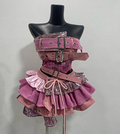 Y2K Style  Low Waist  Patchwork Sleeveless Halter Top Irregular pink Half Skirt Sexy Short Skirt kpop dance Outfit Lolita Set