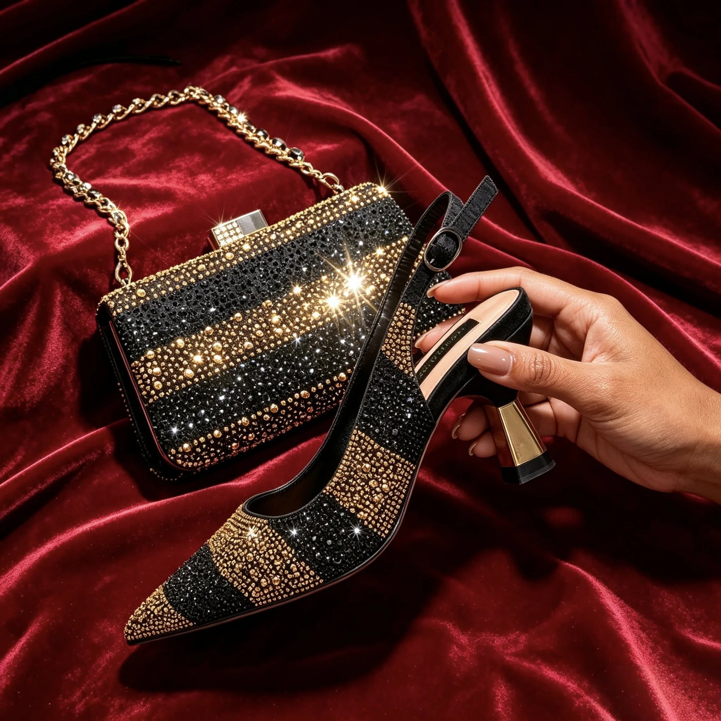 Black Gold Rhinestone Pointed Toe Mid Heels Women Party Wedding Slingback Shoes Matching Crystal Evening Clutch Bag Shoes Set