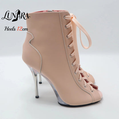 12cm/5Inch Plus size Beige PU Leather Lace-up Side zipper Peep toe High Stilettos Ankle boot Pole dancing Nightclub Rave Parties