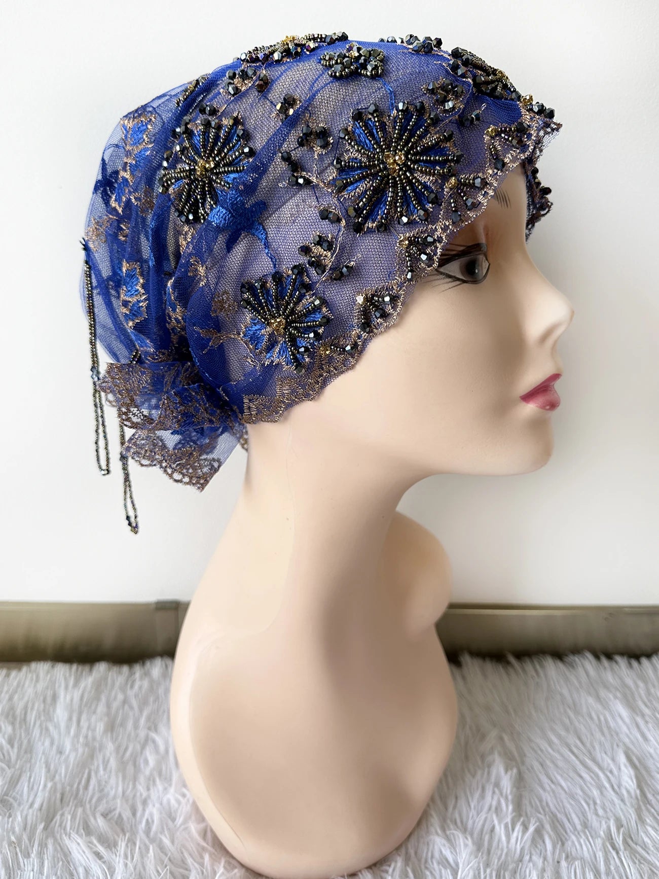 High Quality Lace handcrafted Beaded Turban Hat Female Head Wraps Caps Muslim Women Headscarf Bonnet Ready to Wear Inner Hijabs