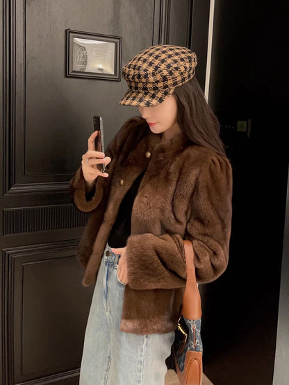 HDHOHR 2026 New100% Real Mink Fur Coat Women Fashion Essential Natural Mink Coat Warm Short Leather Outerwear Winter Fur Jacket