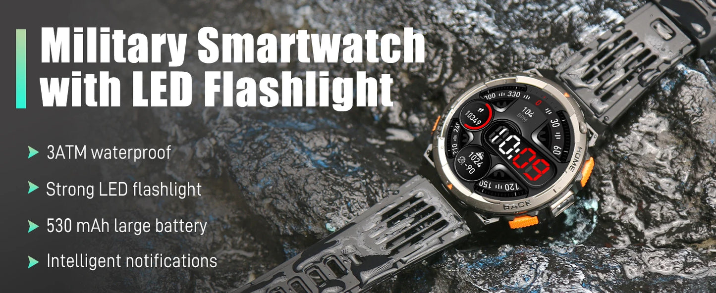 EIGIIS KE5 3ATM Waterproof Smart Watch for Men with LED Flashlight 1.45'' HD Rugged Smartwatch with 530mAh Big Battery