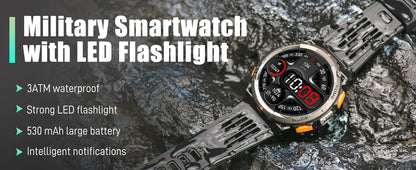 EIGIIS KE5 3ATM Waterproof Smart Watch for Men with LED Flashlight 1.45'' HD Rugged Smartwatch with 530mAh Big Battery
