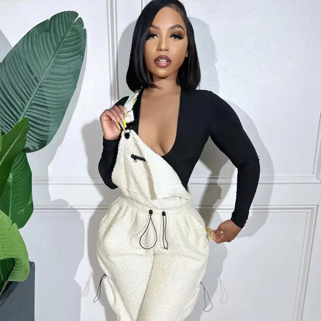 Lace Up Jumpsuit Women One Piece Jumpsuits Fur Rompers High Waist Spring Autumn Pants Mom Overalls Playsuits Elegant Pink