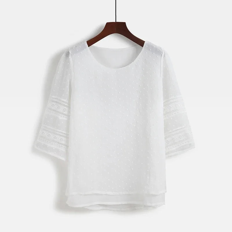 Womens Tops Fashion  Blouse Half Sleeve Chiffon Shirts Lace Stitching