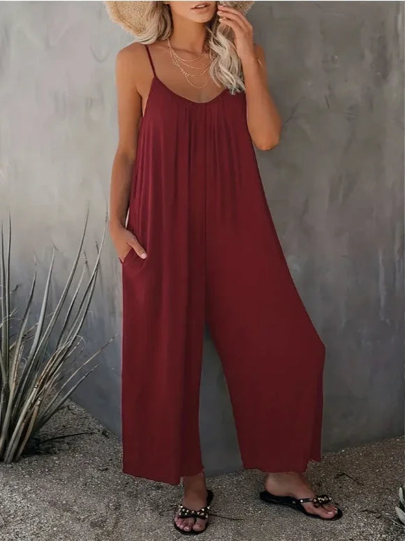 Plus Size Women's 1XL-5XL Fashionable Solid Color Jumpsuit Ladies Casual Suspender V-neck Casual Loose Elegant Jumpsuit