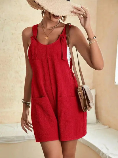 Women's Casual Summer Short Rompers Loose Overall Solid Sleeveless Lace up Wide Leg Pant Tie Knot Strap Jumpsuits with Pockets
