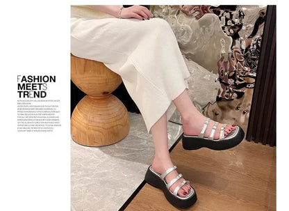 Women Thicken Soled Buckle Strap Sandals Platform High Heel Shoes Ladies Cut-Out Slippers Open Toe Flipflops Silver Beach Slides