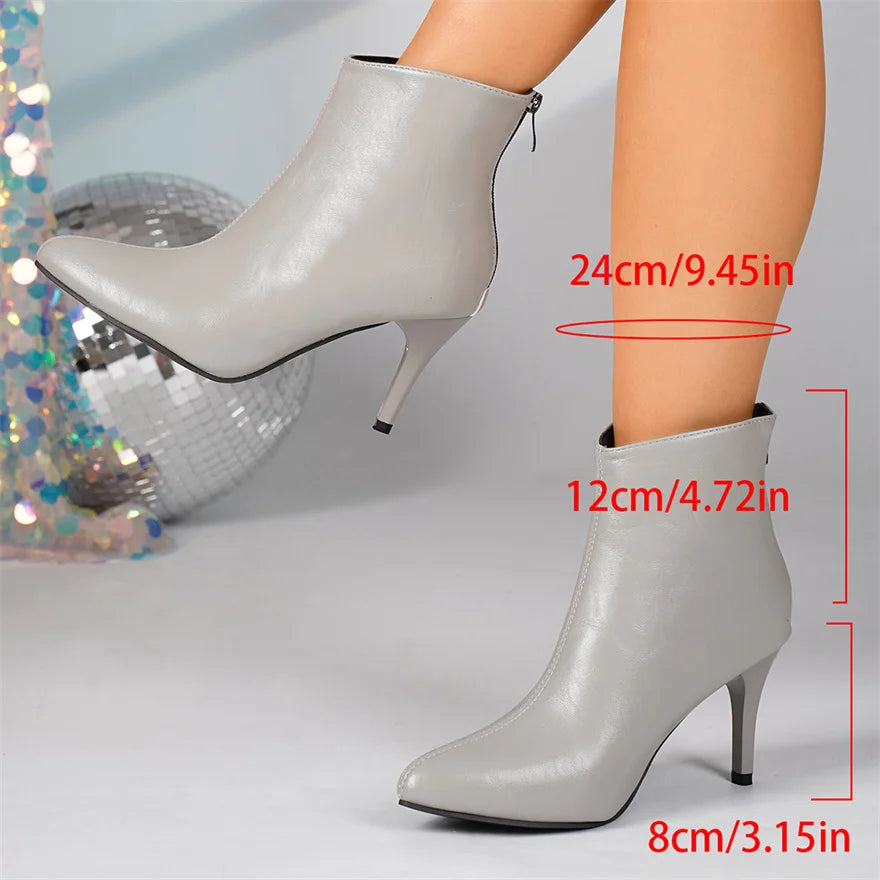 New Winter Soft PU Leather Women Ankle Boots Pointy Toe Side Zipper High Heels Stiletto Shoes Black Sexy Ladies Work Boots Party