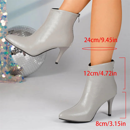 New Winter Soft PU Leather Women Ankle Boots Pointy Toe Side Zipper High Heels Stiletto Shoes Black Sexy Ladies Work Boots Party