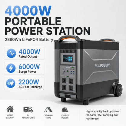 4000W Portable Power Station 2880Wh LiFePO4 Solar Generator Home Backup Battery Emergency Power Supply