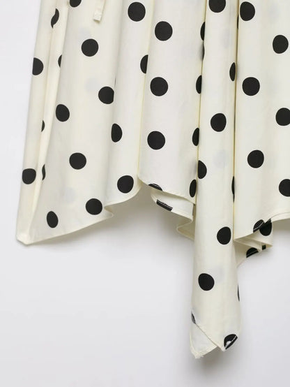 Women's Vintage Polka Dot Asymmetrical Hem Skirt White Black High Waist Drawstring Flowy Casual Midi Skirt Streetwear