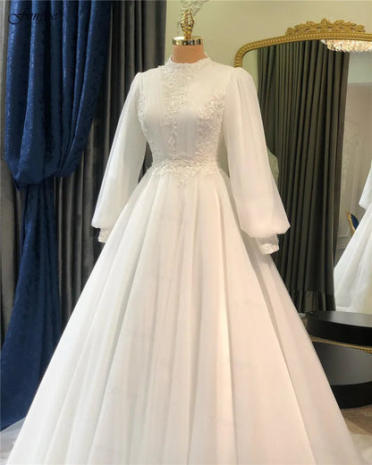 Funyue Ivory Long Sleeve Bride Dress A-Line Tulle Lace Muslim Wedding Dresses Appliques Princess Bridal Gowns Vestidos De Novia