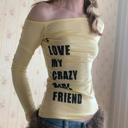 Y2K Women's Long Sleeve T-Shirt American Style Sweet Spicy Letter Print Shoulder Casual Versatile Sexy Spicy Girl INS Style