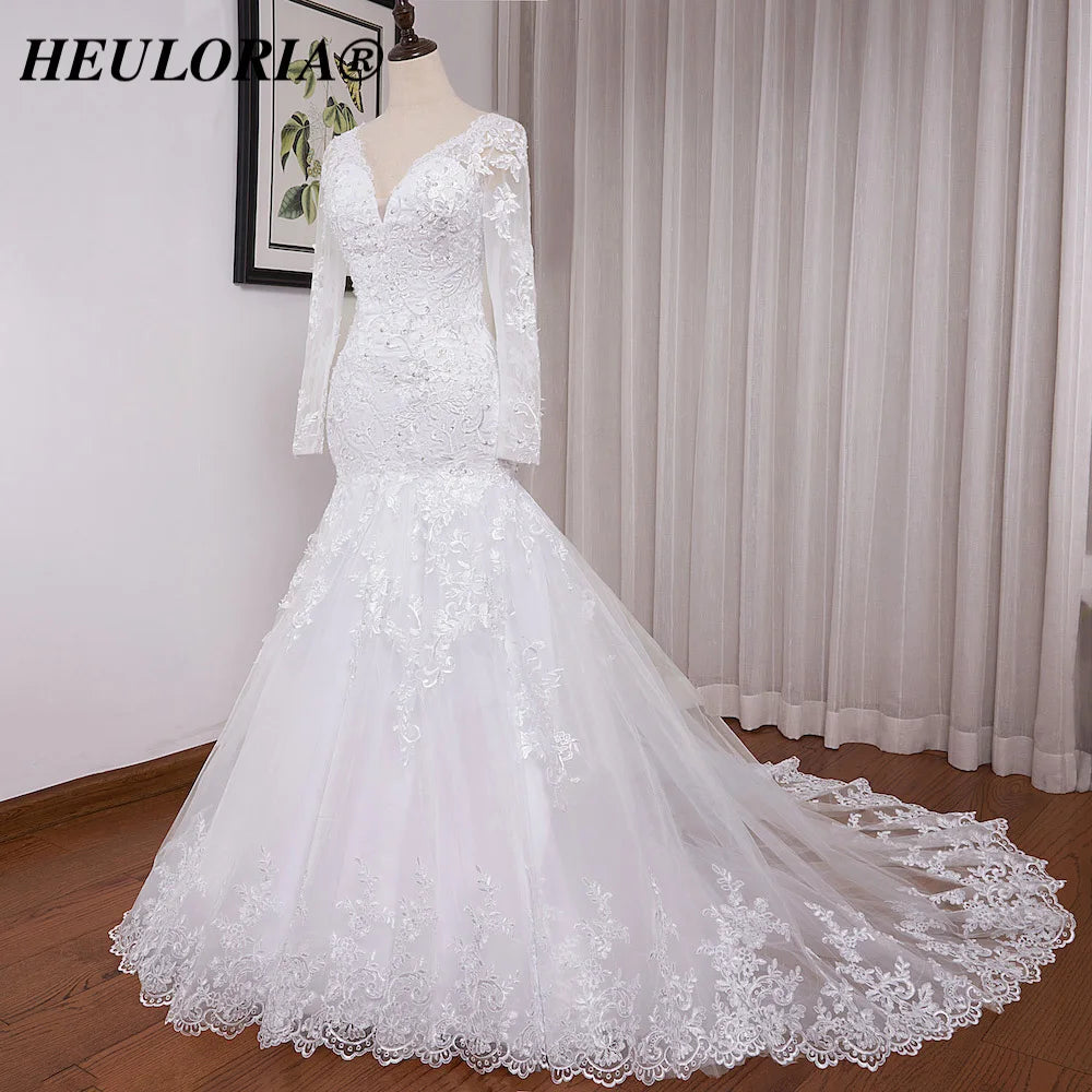 HEULORIA Mermaid Wedding Dresses long sleeve V neck bride dress lace applique beading wedding gown Robe de mariage customize