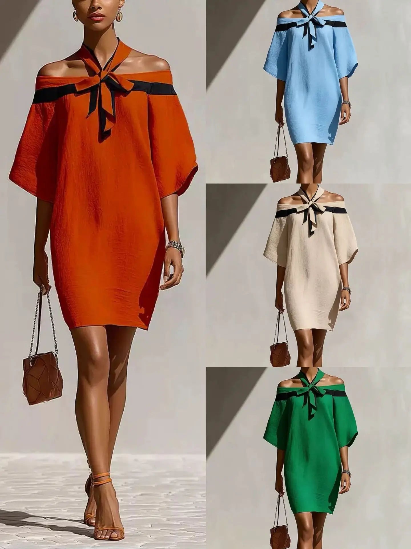 Elegant Temperament Women's Color Blocked Off Shoulder One Shoulder Summer Bow Collar Decorated With Bat Sleeves Mini Dress New