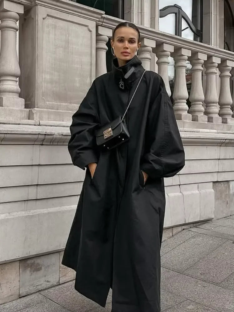 Black Stand Collar Trench Coat Women Casual Long Sleeve Single-breasted Loose Windbreaker 2026 Lady Autumn High Street Outwear
