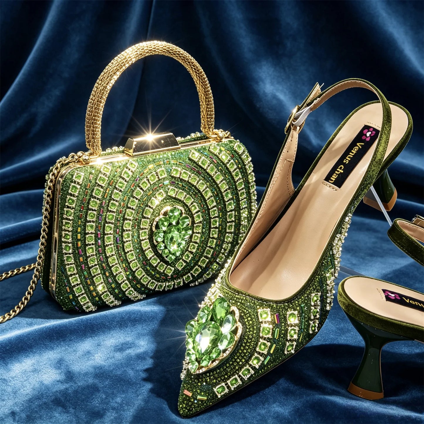 Venus Chan 2026 Olive Green Italian Butterfly Design Pointed Toe Slingback Sandals with Matching Bag - Elegant Set Perfect