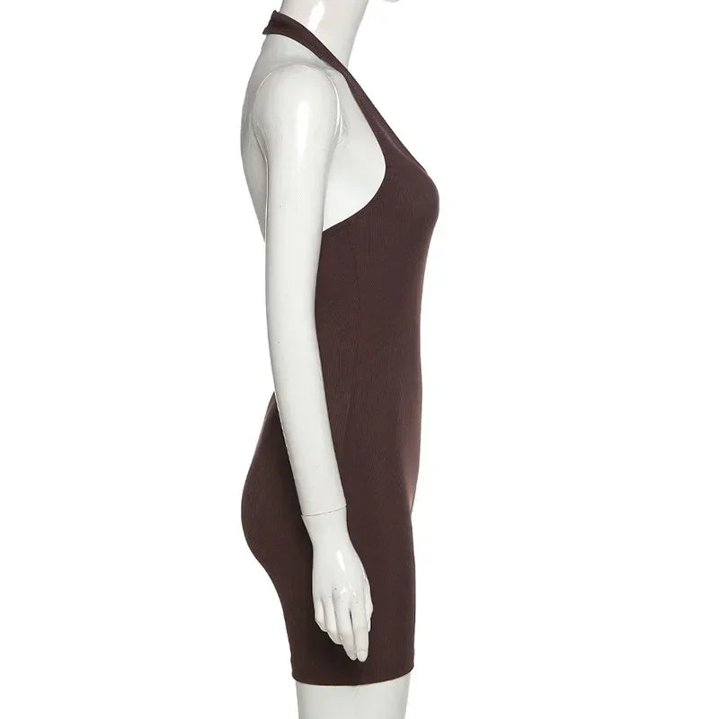 European Fashion Women's Solid Color Hollow Hanging Neck and Backless One-piece Sports Shorts with High Waist and Tight Fit