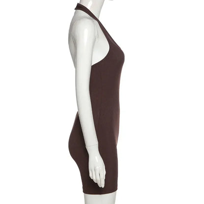 European Fashion Women's Solid Color Hollow Hanging Neck and Backless One-piece Sports Shorts with High Waist and Tight Fit