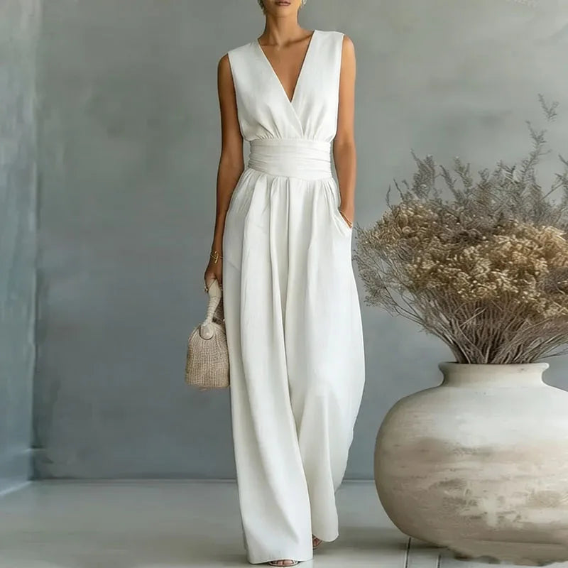 OL Style Solid High Waist Draped Jumpsuits Woman 2026 Spring V Neck Wide Leg Trousers Overalls Casual Half Sleeve Rompers Outfit