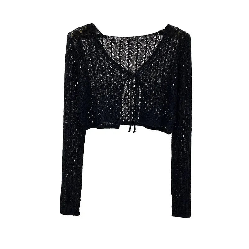 Women Tie Front Crop Cardigan Sheer Openwork Crochet Knit Top Lightweight Bolero Sweater Summer Fairycore Boho Chic Beach Outfit