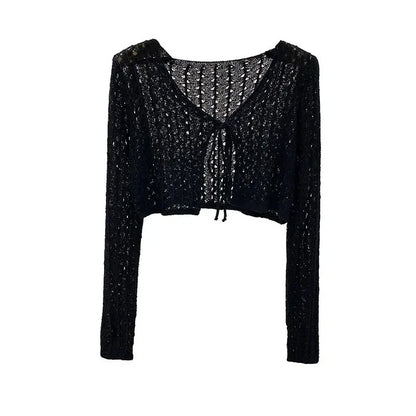 Women Tie Front Crop Cardigan Sheer Openwork Crochet Knit Top Lightweight Bolero Sweater Summer Fairycore Boho Chic Beach Outfit