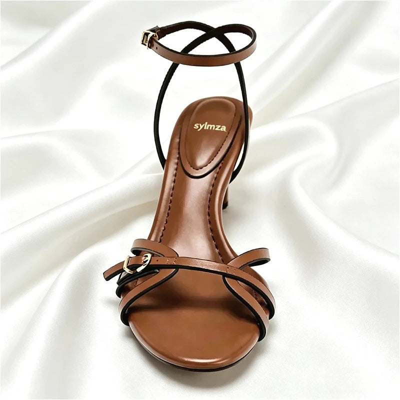 Luxury Brown Ankle Strap Women's Sandals Novelty Gold Buckle Detail Gladiator Sandals for Ladies 2026 Summer Elegant Women Shoes