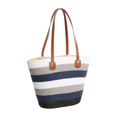 Fashion Straw Tote Bag Stripe Large Capacity Woven Shoulder Bag Square Zipper Woven Hat Vacation Top-Handle Bags
