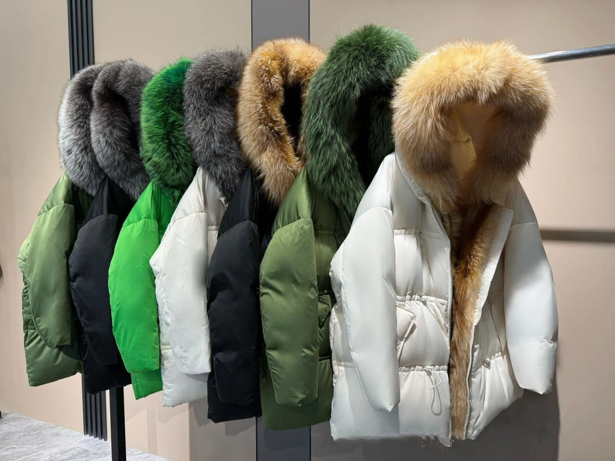 Winter New Arrival Women's Long down Jacket withLargeFox Fur Collar Fashionable Waist-Cinching Drawstring Loose Goose down Coat