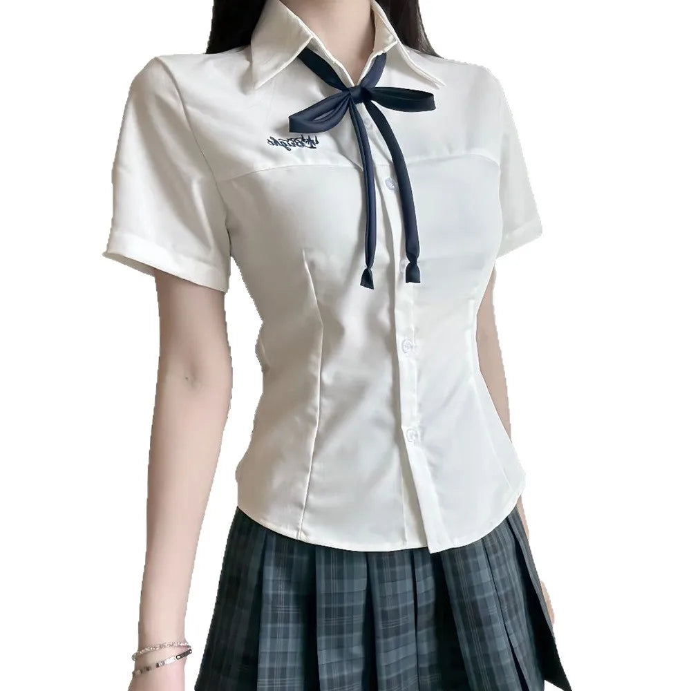 Japanese Academy Style Milk White Basic Versatile JK School Uniform Shirt, Women Summer Student Top for Campus Daily Casual Wear