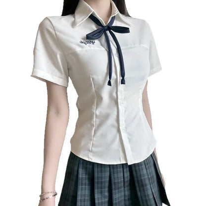 Japanese Academy Style Milk White Basic Versatile JK School Uniform Shirt, Women Summer Student Top for Campus Daily Casual Wear