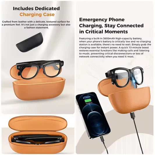 AI Smart Glasses 4KHD Camera 3600mAh Charging Case 120+Language Translation Bluetooth Call Music Sunglasses Outdoor Color Change