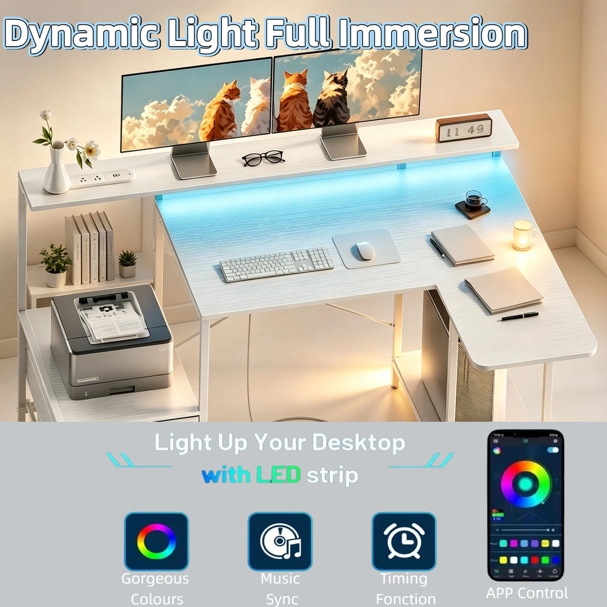 Ergonomic Computer Desk with Monitor Stand, RGB LED Gaming Desk, Featuring a Built-in Charging Station, Power Outlets, and USB Ports, Complete with Storage Drawers and a Fold-Out Side Table; Ideal for Home Offices and Gaming