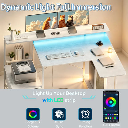 Ergonomic Computer Desk with Monitor Stand, RGB LED Gaming Desk, Featuring a Built-in Charging Station, Power Outlets, and USB Ports, Complete with Storage Drawers and a Fold-Out Side Table; Ideal for Home Offices and Gaming