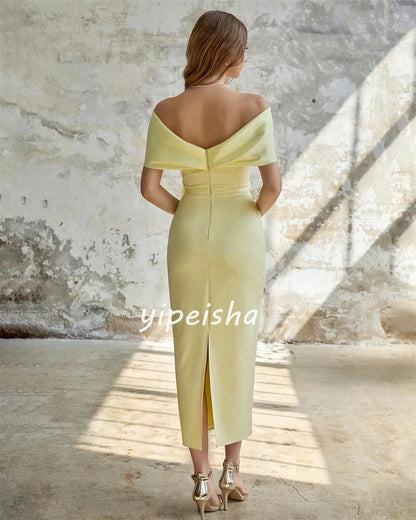 Customized Jersey Flower Ruched Evening A-line Off-the-shoulder Bespoke Occasion Gown Midi Dresses