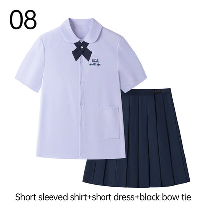 Men/Women JK Uniform Thai Style School Uniforms Short Sleeve White Shirt/Light Purple Shirt Preppy Style Pleated Skirt w/bow Tie