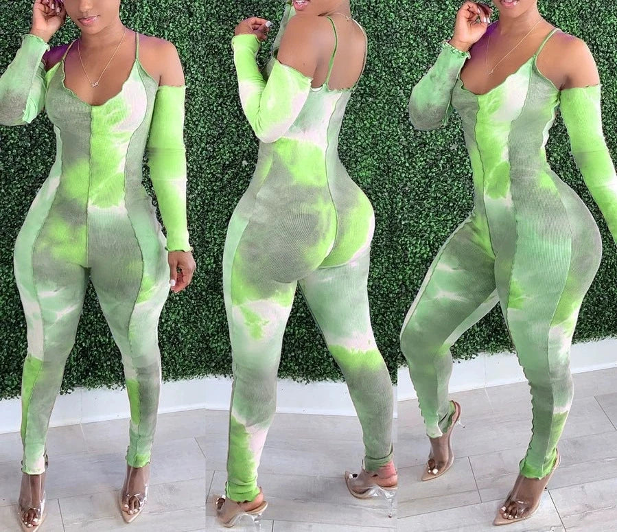 Foreign trade tie-dye print deep V-neck sexy camisole long-sleeved jumpsuit for women