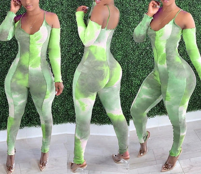 Foreign trade tie-dye print deep V-neck sexy camisole long-sleeved jumpsuit for women