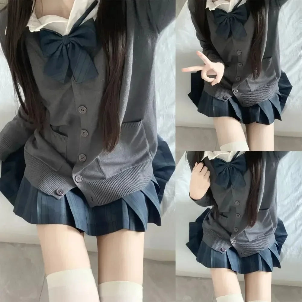 3Pc Set Japanese Korean School Uniforms Multicolor Sweater&Plaid Pleat Skirt with Bow Jk Uniform Suit Graduation Costumes Women